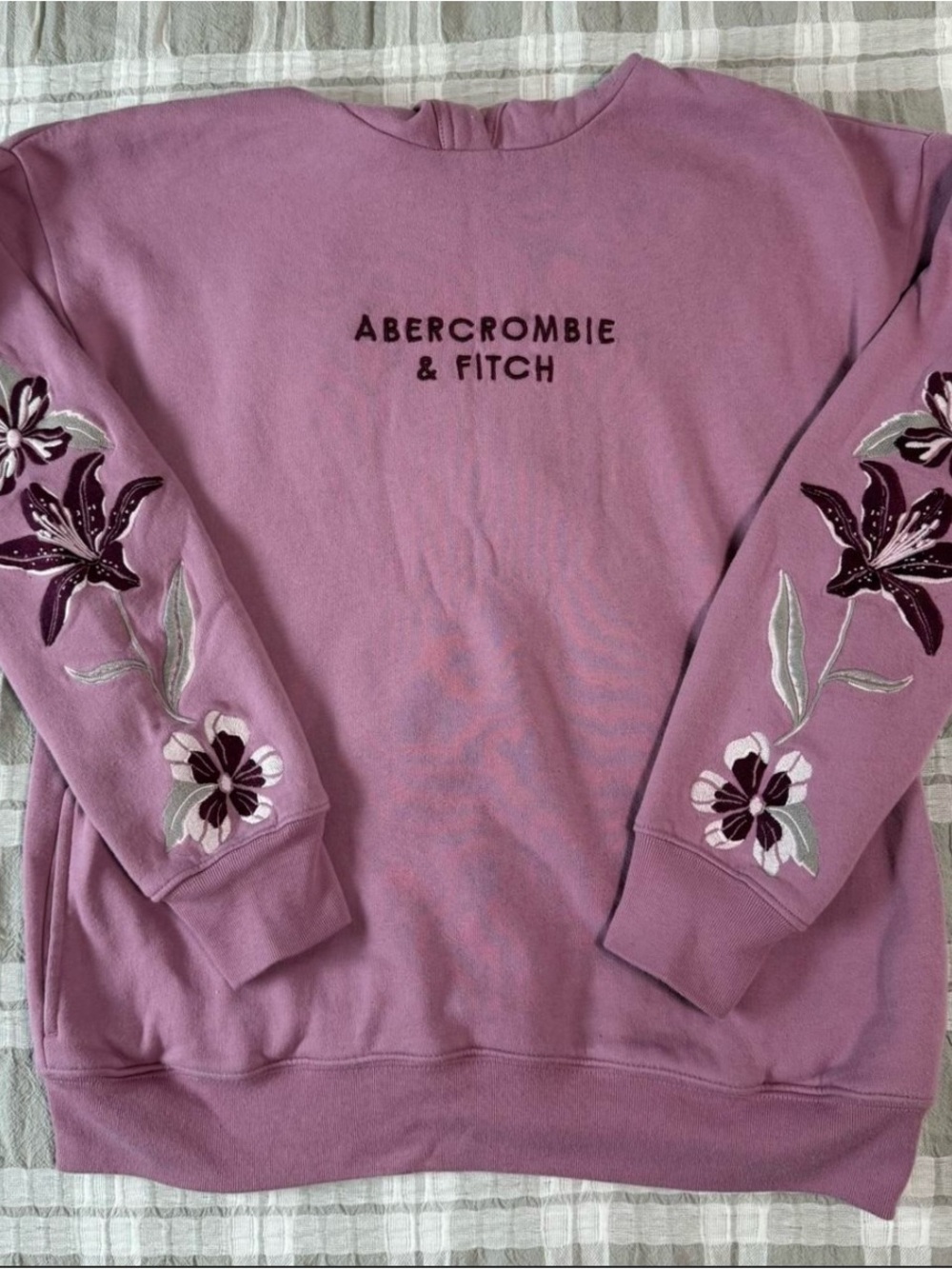 Abercrombie & Fitch Mauve Crewneck with Floral Sleeve Embroidery